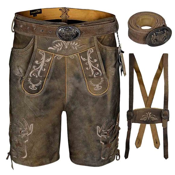 Mens Oktoberfest Outfit Suede Lederhosen Klose Style with Belt Bavarian German - Picture 1 of 6